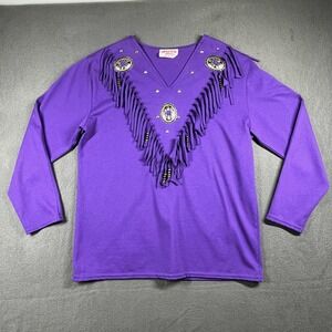 Vintage Wagon Wheels Purple Fringe Top – V-Neck Western Shirt‎ M  Made in USA